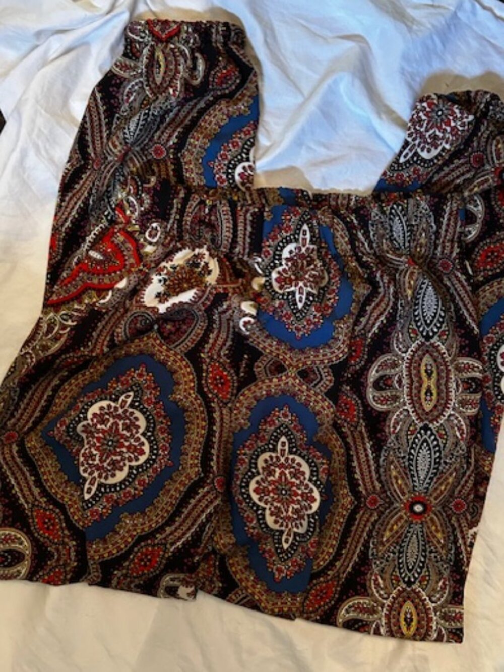 boho size medium womens pants brown blue  print stretch festival light weight
